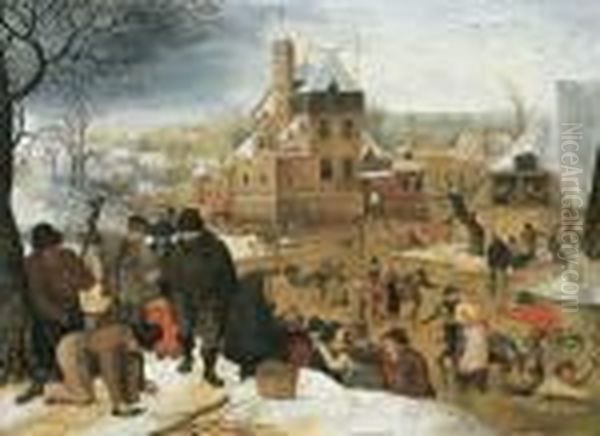 A Winter Landscape With Peasants
 Skating And Playing Kolf On A Frozen River, A Town Beyond Oil Painting by Pieter The Younger Brueghel