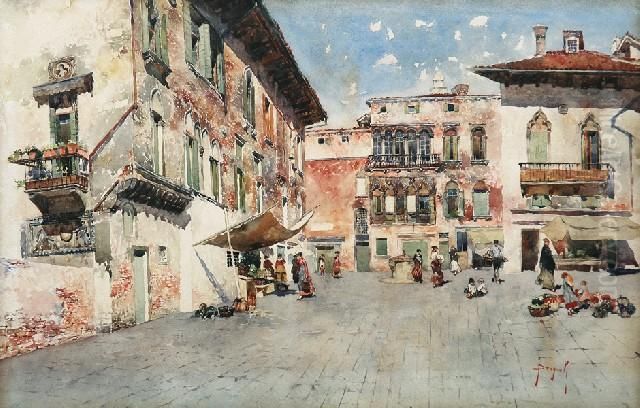 Italian Piazza Oil Painting by Emanuele Brugnoli