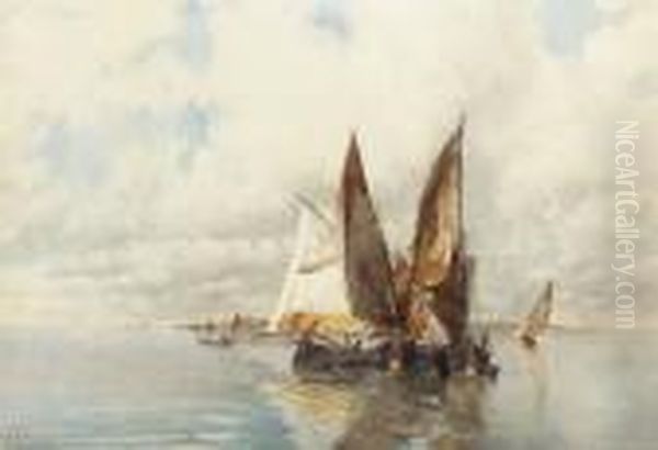 Fishing Boats At Sea Oil Painting by Emanuele Brugnoli