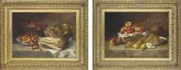 A Basket Of Apples, Pears, 
Oranges, Lemons, A Bowl Of Grapes And An Earthenware Pot On A Stone 
Ledge; And Whitecurrants And Redcurrants In A Basket, A Bowl Of 
Cherries, Asparagus And A Brass Cooking Pot On A Draped Ledge Oil Painting by Alphonse de Neuville