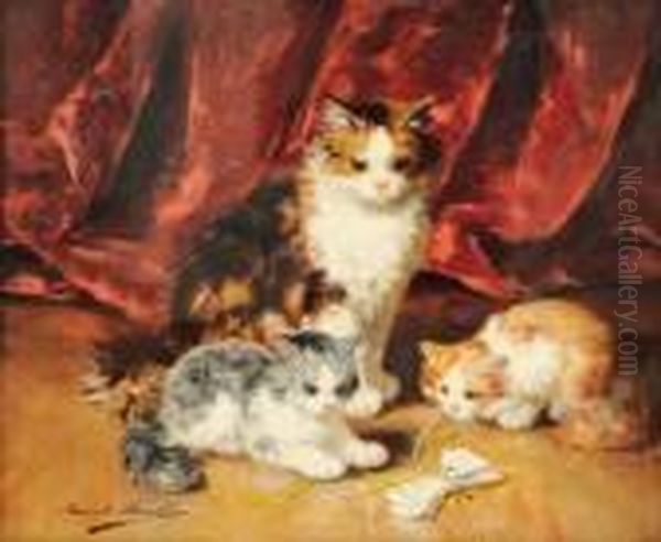 Chatte Et Deux Chatons Jouant Avec Un Ruban Devant Une Draperie
Rouge Oil Painting by Alphonse de Neuville