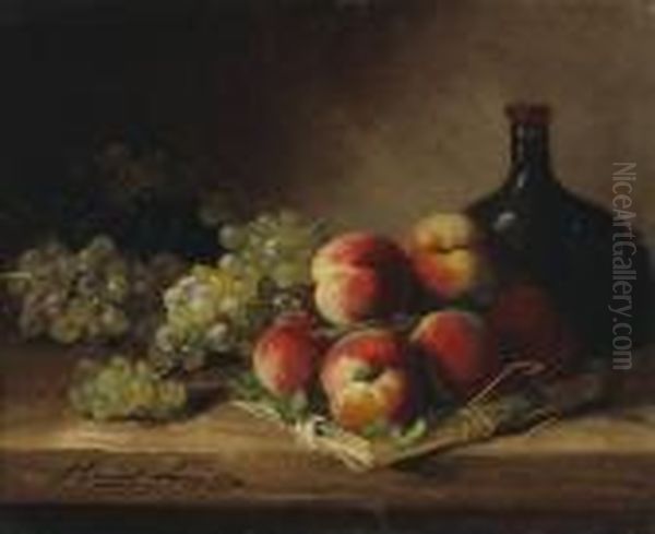 A Still Life With Red Currants 
And Plums In A Wicker Basket; And A Companion Still Life (a Pair) Oil Painting by Alphonse de Neuville