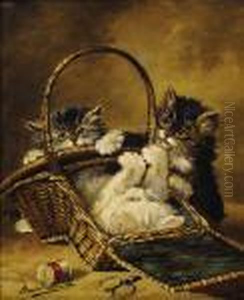 Three Kittens Playing In A Sewing Basket Oil Painting by Alphonse de Neuville