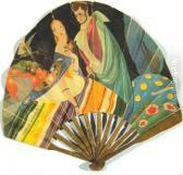 An Art-deco Fan Oil Painting by Umberto Brunelleschi