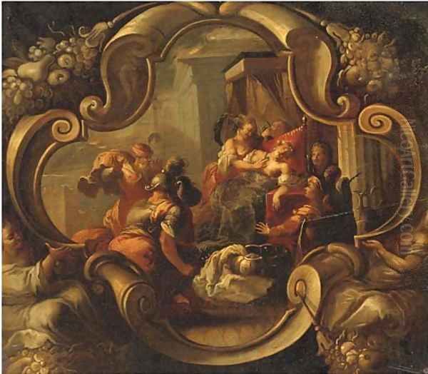 The Death of Cleopatra, in a feigned cartouche Oil Painting by Joseph the Younger Heintz
