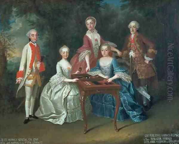 Group portrait of the Harrach family playing backgammon including General Count Ferdinand Harrach Count Ferdinand Bonaventura Harrach with Rosa Anna and Josephine Oil Painting by Johann Wilhelm Hoffnas or Hofnaas