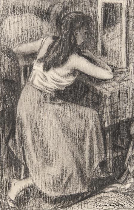 Girl At Dressing Table Oil Painting by John Buckland-Wright