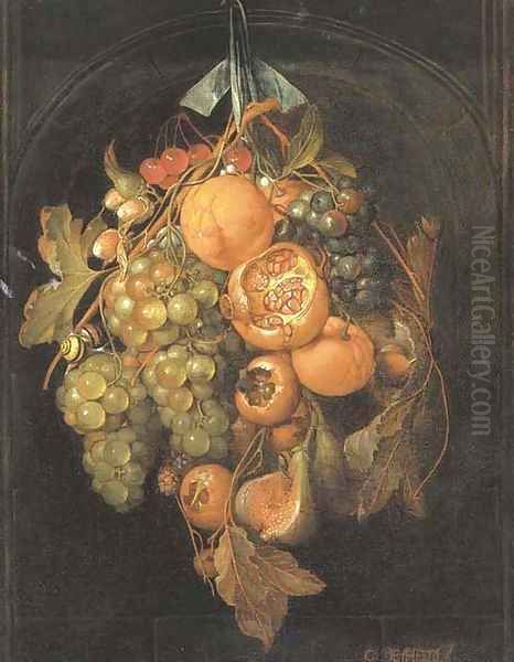Oranges, grapes, cherries, a fig and other fruit hanging in a niche Oil Painting by Cornelis De Heem