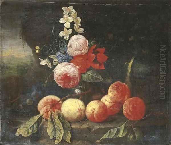 Peaches and grapes with roses and other flowers in a glass vase on a stone ledge in a landscape Oil Painting by Cornelis De Heem