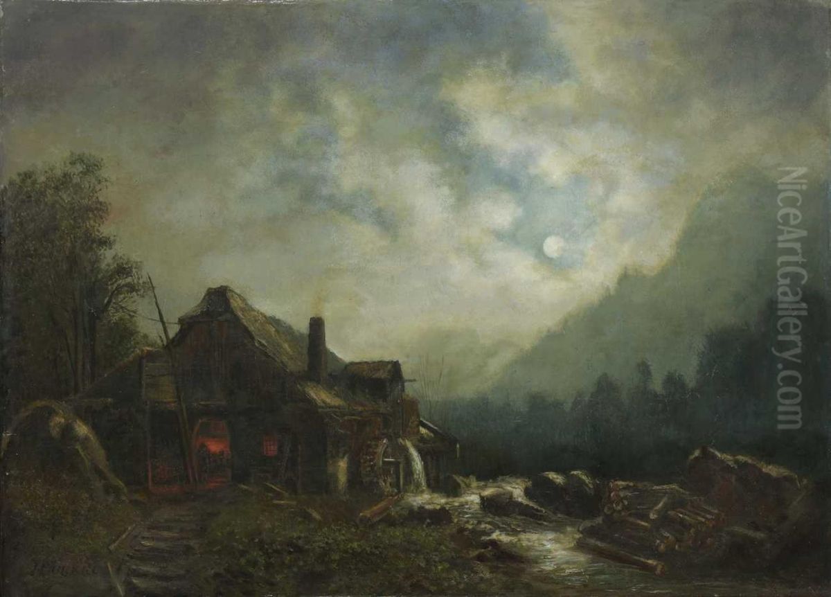 Nachtliche Gebirgslandschaft Mit Schmiede Am Bach. Oil Painting by Heinrich Burkel