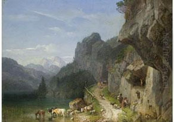 Felsenweg Am Achensee
 Mit Figurenstaffage Oil Painting by Heinrich Burkel