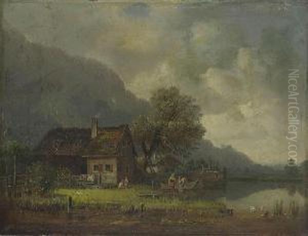 Gebirgssee Mit
 Fischerhausern. Oil Painting by Heinrich Burkel