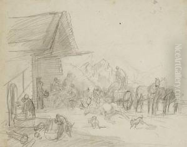 Wirtshaus Mit
 Jagdgesellschaft. Oil Painting by Heinrich Burkel