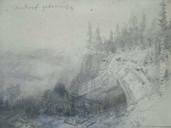 Burkel, German -- Workers And A 
Cabin In A Wooded Mountain Landscape; Pencil, Inscribed, 27x36.5cm Oil Painting by Heinrich Burkel