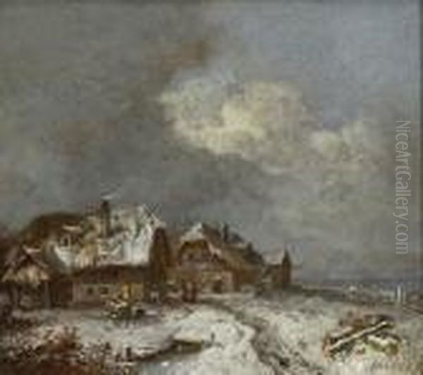 Winterliches Dorf (die Hauser Von
 Forstenried) Oil Painting by Heinrich Burkel