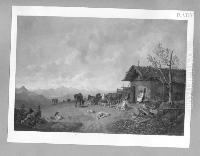 Auf Der Alm Oil Painting by Heinrich Burkel