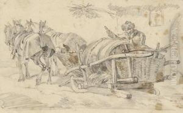 Pferdeschlitten Mit
 Weinfass. Oil Painting by Heinrich Burkel