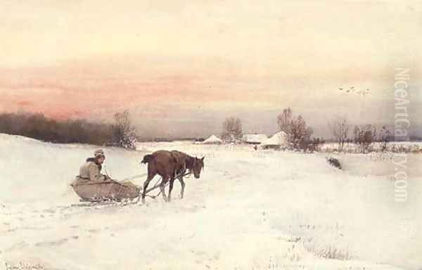 The troika ride home Oil Painting by Juliusz Holzmutller