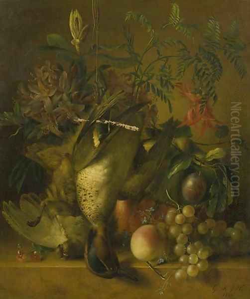 A still life with flowers, plums, peaches, grapes and birds Oil Painting by Geertruida Margaretha Jacoba Huidekoper