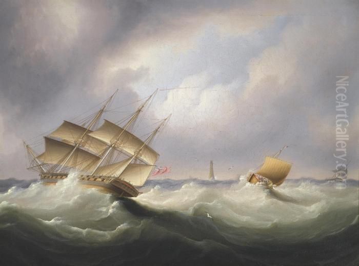Frigate Off A Lighthouse Oil Painting by James E. Buttersworth