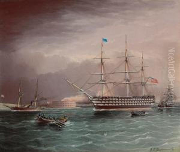 The U.s.s. Pennsylvania Under 
Tow At The Outbreak Of The Americancivil War With Fort Monroe In The 
Background Oil Painting by James E. Buttersworth