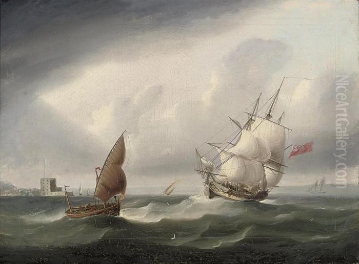 A Royal Navy Frigate Passing The
 Belem Tower And Beating Her Way Out Of The Tagus On A Stormy Day Oil Painting by James E. Buttersworth