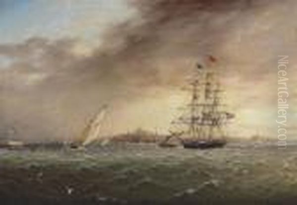 A Large Merchantman Being Towed 
Into Boston Amidst Yachts Racingoffshore, A Panorama Of The City Beyond Oil Painting by James E. Buttersworth