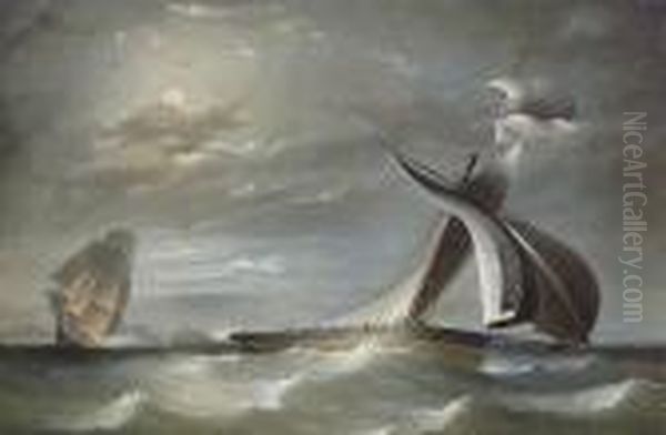 The Night Chase: A Frigate In 
Hot Pursuit Of An Armed Cutter By Moonlight Off The South Stack 
Lighthouse Oil Painting by James E. Buttersworth