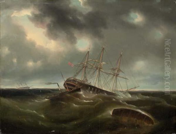 The Merchant Ship Lockwoods 
Caught In A Gale Off Liverpool, A Paddle Tug Arriving To Assist Oil Painting by James E. Buttersworth