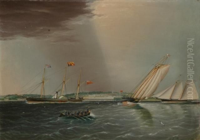 Untitled View Of Match Race Between Schooner Yachts Oil Painting by James E. Buttersworth