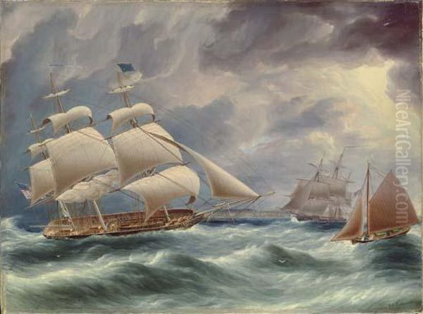 A Three-masted U.s. Merchantman 
Shortening Sail Off The Americancoast As The Pilot Cutter Approaches Her
 Starboard Beam Oil Painting by James E. Buttersworth