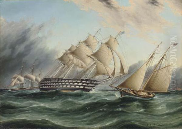 The American Ship Of The Line 
Pennsylvania With A Schooner Yachtand An American Frigate Off Sandy Hook Oil Painting by James E. Buttersworth