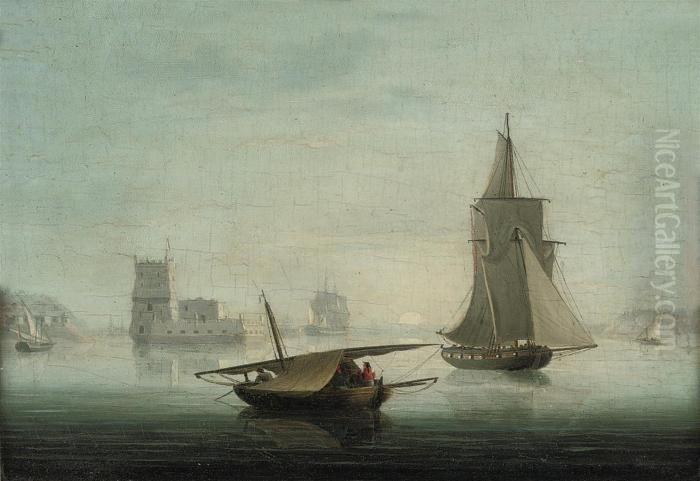 An Armed Cutter And Other Shipping Before The Belem Tower On The Tagus Oil Painting by Thomas Buttersworth