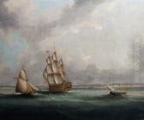 A Ship-of-the-line Off Cadiz, 
Probably The Flagship Of The Blockading Fleet, With An Armed Cutter Off 
Her Port Beam Oil Painting by Thomas Buttersworth