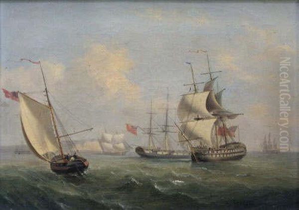 English Man O'war And Other Gunships Assembled In The Channel Oil Painting by Thomas Buttersworth