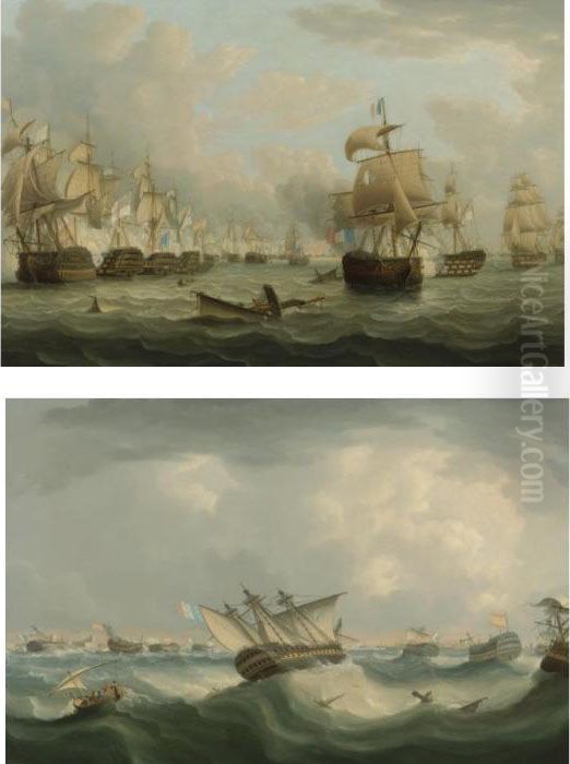 Trafalgar Morning: English 
Men-of-war Attacking The Line And Trafalgar Evening: The French And 
Spanish Fleet Returning To Cadiz Harbour, A Pair Of Works Oil Painting by Thomas Buttersworth