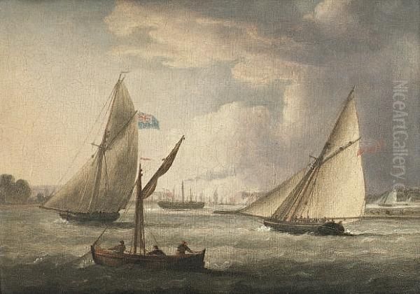 Naval Cutters Off A Harbour; A 
Big Cutter Ahead Of A Frigate Trying To Catch The Breeze Offshore Oil Painting by Thomas Buttersworth