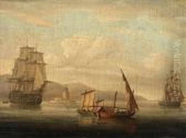 A British Man-o-war, A Frigate 
And Local Craft In A Light Breeze Off A Mediterranean Lighthouse Oil Painting by Thomas Buttersworth