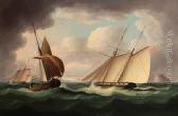 A Two-masted Naval Schooner In 
Pursuit Of An Armed French Lugger Off The Bass Rock, North Berwick Oil Painting by Thomas Buttersworth
