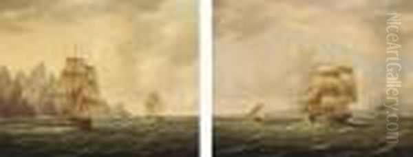 A Frigate Running Past A Port 
With The Outward-bound Packet Rapid Off Her Stern; And A British Armed 
Brig And Dutch Galliot Off A Rocky Coast, Thought To Be In Arctic Waters Oil Painting by Thomas Buttersworth