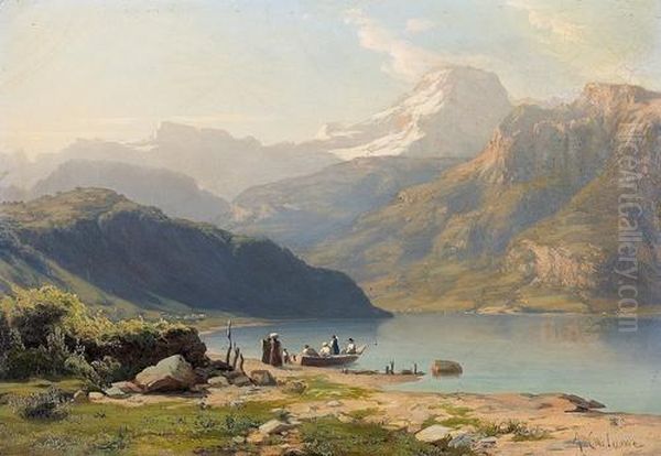 Kleine Bucht Am Urnersee Mit Kahn Und Figuren. Oil Painting by Alexandre Calame