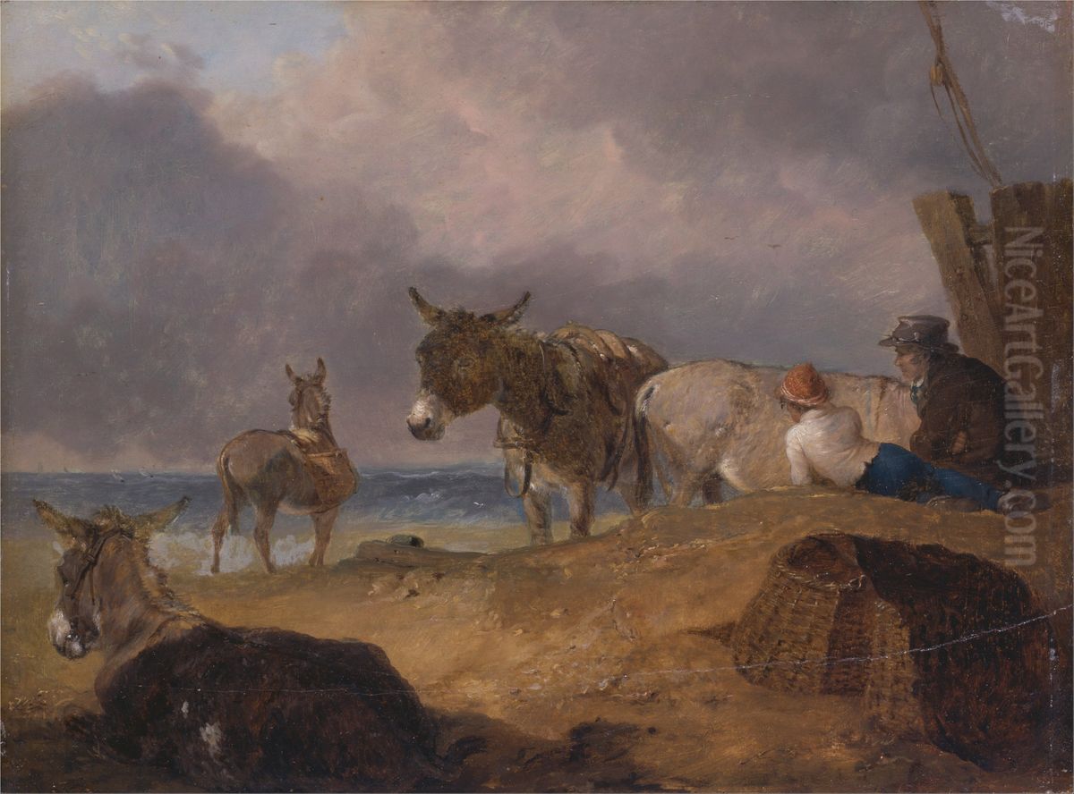 Donkeys and Figures on a Beach Oil Painting by Julius Caesar Ibbetson