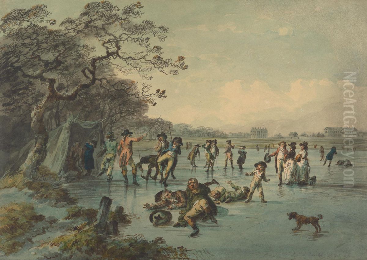 Skating in Hyde Park Oil Painting by Julius Caesar Ibbetson