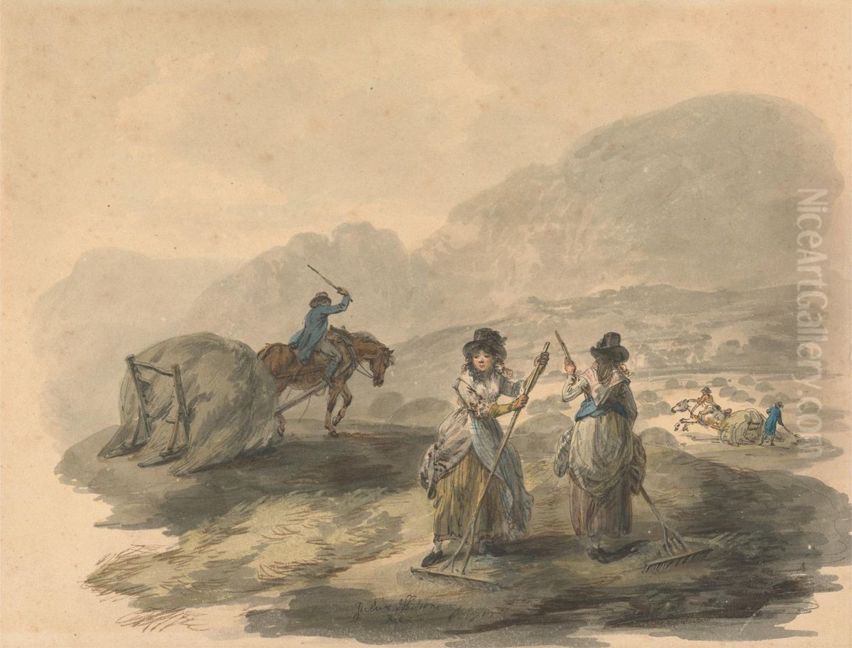 Haymaking Oil Painting by Julius Caesar Ibbetson