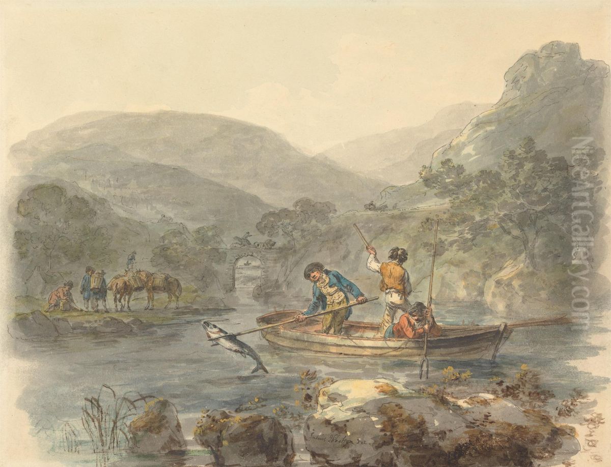 Salmon Spearing Oil Painting by Julius Caesar Ibbetson