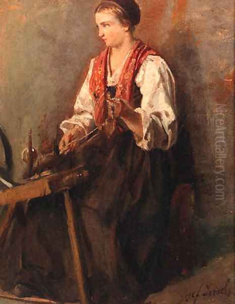 A peasant girl at a spinning wheel - a study Oil Painting by Jozef Israels