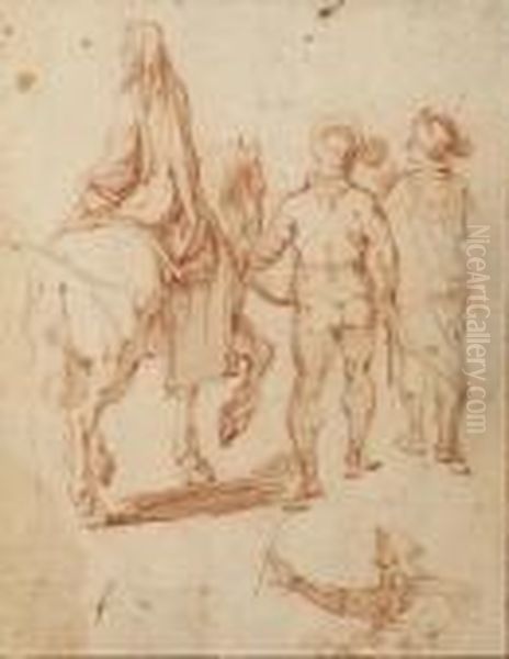 Une Femme Sur Un Cheval Tenu Par
 Deux Hommes Vus De Dos, Etude Subsidiaire D'un Homme En Buste Oil Painting by Jacques Callot
