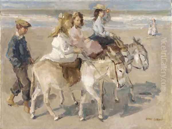 Ezeltje rijden a donkey-ride on the beach Oil Painting by Isaac Lazarus Israels