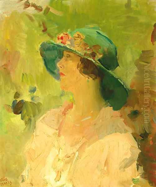 Dame met groene hoed a lady with a green hat Oil Painting by Isaac Lazarus Israels