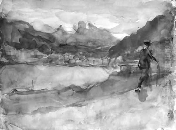 An alpine stroll by a mountain lake near Bern, Switzerland Oil Painting by Isaac Lazarus Israels